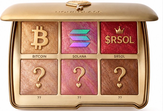 A gold Hourglass makeup palette is open to reveal six pans; the top row is embossed with the Bitcoin logo labeled 'BITCOIN', the Solana logo labeled 'SOLANA', and a crown over '$RSOL', while the bottom row features question marks labeled '??'.