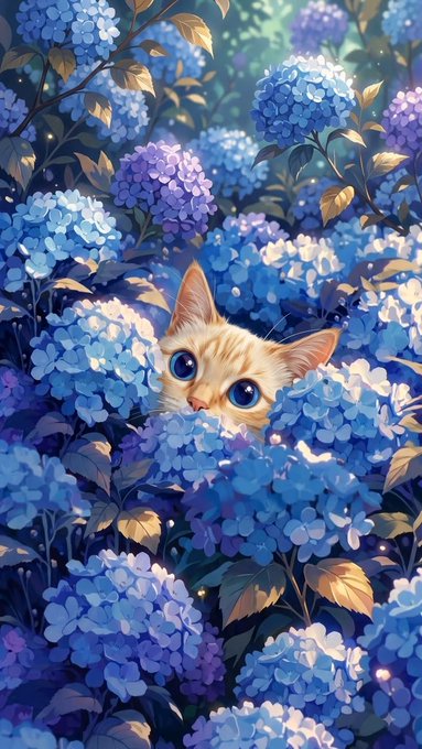 A cream-colored cat with large blue eyes peeks out from a dense, dreamlike garden filled with vibrant blue and purple hydrangea blooms and golden-green leaves.