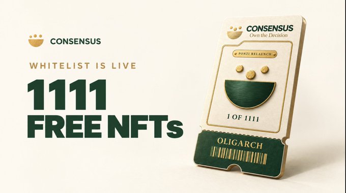 Advertisement for 'CONSENSUS' announcing a 'WHITELIST IS LIVE' and offering '1111 FREE NFTs,' featuring a gold and green card design labeled 'OLIGARCH' and 'PONZI RELAUNCH.'
