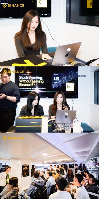 A collage of three photos from a 'Binance' event, with the middle panel showing a screen displaying 'Start Investing, Without Leaving Binance?'.