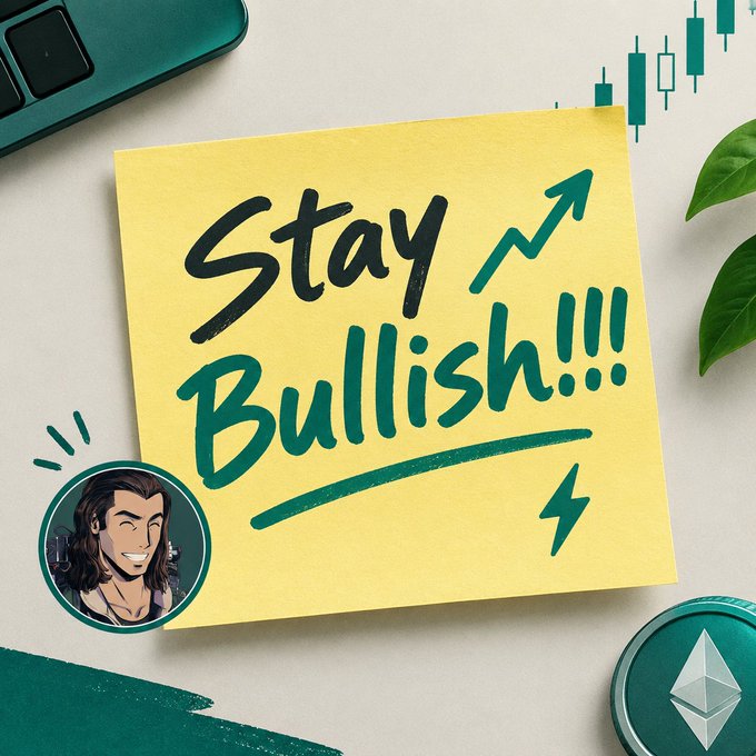 A photo of a yellow sticky note with 'Stay Bullish!!!' written in green and black with an upward chart arrow, placed on a desk with a cartoon avatar, an Ethereum coin nearby.