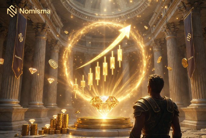 A promotional graphic for Nomisma featuring a warrior gazing at a glowing golden diamond with an ascending arrow and stock chart candles in an ornate temple setting.