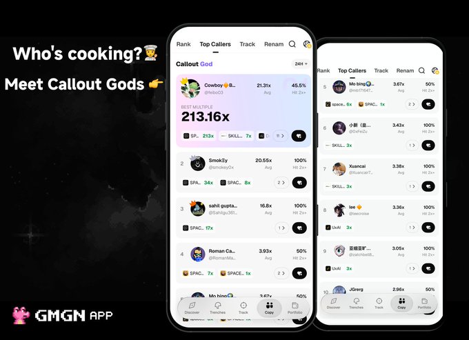 The image shows two cell phones placed side by side against a black background with white text. The phones display a list of numbers and names along with emojis for "Who's cooking?", "CALLOUT GODS", and "MEET CALOUSLY GODS". The post suggests that the users should meet someone named "Callout Gods" or "@feibo03" who dropped a legendary item, and they are encouraged to share their experience with others.