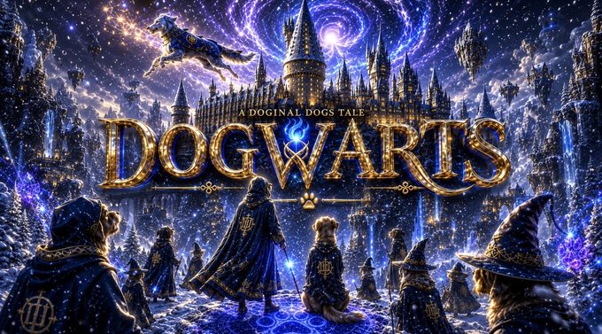 A fantasy movie poster titled 'DOGWARTS: A DOGINAL DOGS TALE' features cloaked canine figures in wizard robes gathered before a glowing magical castle under a starry, swirling purple sky.