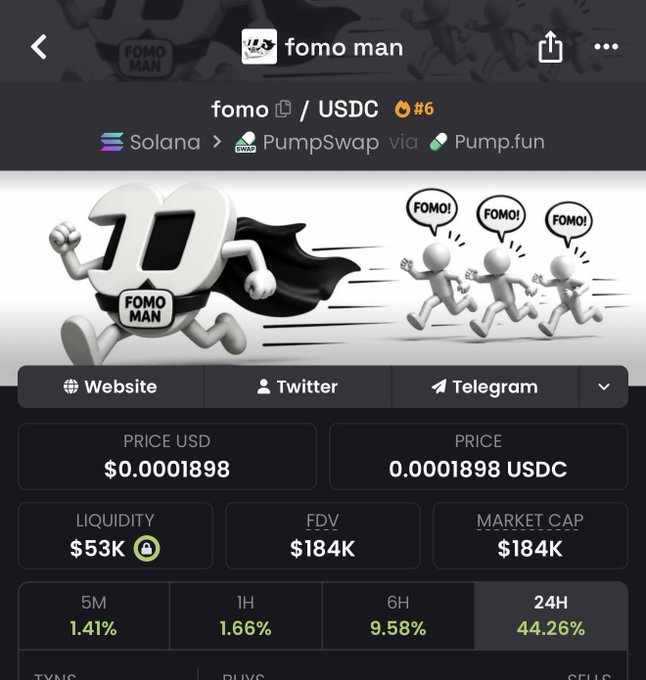 The image shows a trading interface for the meme coin "fomo man" (ticker: fomo) on the Solana blockchain via PumpSwap/Pump.fun, with a price of $0.0001898 and a market cap of $184K that has surged 44.26% in 24 hours. The artwork features a 3D "FOMO MAN" character in a cape running alongside panicked figures shouting "FOMO!"—visually reinforcing the post's rallying cry to pump the token toward a $1 million valuation.