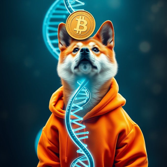 A digital artwork of a Shiba Inu dog wearing an orange hoodie, with a glowing blue DNA strand wrapping around it and a golden Bitcoin coin balanced on its head.