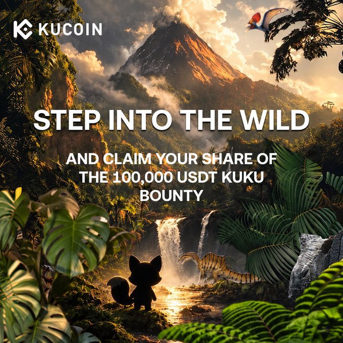 The KuCoin promotional image features a lush jungle scene with a towering volcanic mountain, cascading waterfall, and exotic creatures including a parrot, lizard, and a small fox-like character, with text reading "STEP INTO THE WILD AND CLAIM YOUR SHARE OF THE 100,000 USDT KUKU BOUNTY" inviting new users to trade $100+ in Futures for a chance at the reward.
