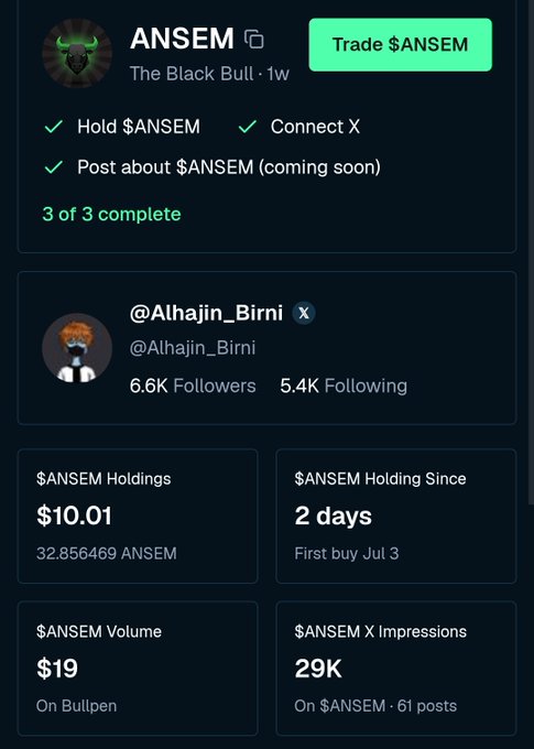 A social media/trading profile for 'ANSEM' (@Alhajin_Birni) showing completed tasks (Hold $ANSEM, Connect X, Post about $ANSEM), with $10.01 in holdings and 32.85 ANSEM tokens held for 2 days.