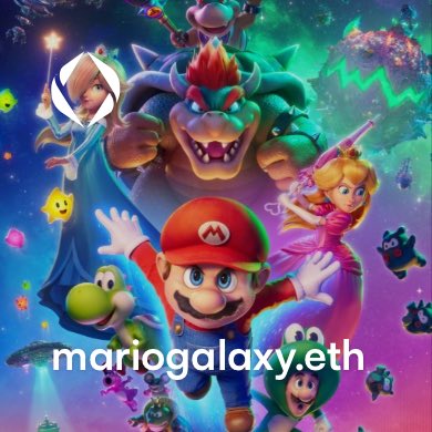The image features a poster for the video game Marigol Galaxy Eth, which includes a group of characters from the popular Mario franchise. These characters include Mario, Princess Peach, Bowser, and other notable figures such as Sonic the Hedgehog and Yoshi. The poster showcases these characters in various poses, with some interacting or engaging with each other. The background of the poster is a vibrant mix of blue and purple colors, which complements the colorful characters on the poster. The text "ENSCollectibles.eth" appears to be related to the game's title or theme, possibly indicating that this image was created for promotional purposes or as part of a gaming event.