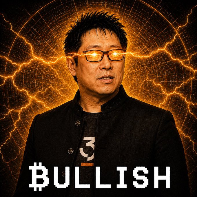The image features a man wearing glasses, with his face illuminated by orange lightning bolts. He appears to be standing against an orange background that has a pattern of white lines radiating outwards from the center. The text "BULLISH" is written in black letters at the bottom of the image.