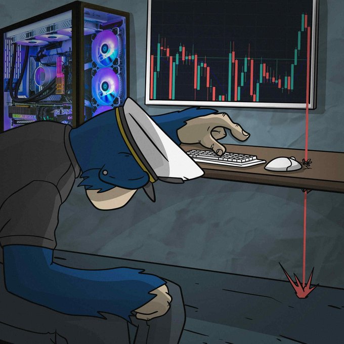 A cartoon depicting a frustrated penguin character slumped at a desk watching a stock chart plummet with red downward arrows, with a glowing PC tower nearby.