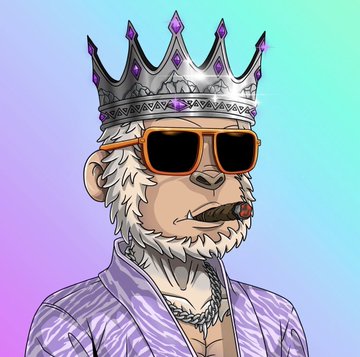A digital illustration of an NFT-style monkey character wearing a jeweled crown, orange sunglasses, a gold chain, and a purple patterned suit, smoking a cigar.