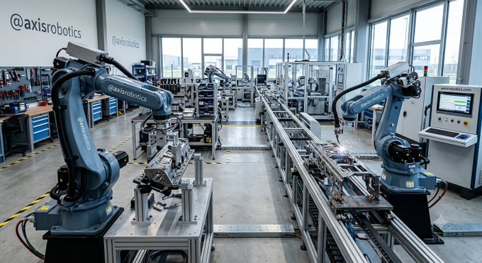An industrial robotics facility featuring multiple blue robotic arms labeled '@axisrobotics' and 'axisrobotics' on assembly lines, with control panels and workstations visible in the background.