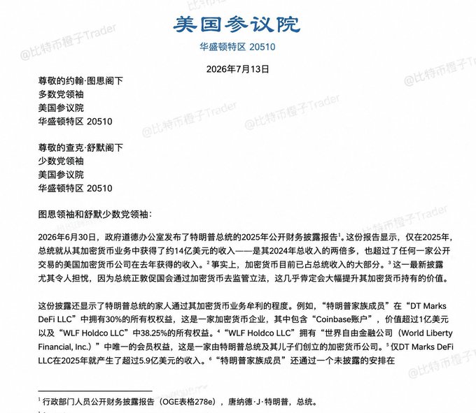 A letter dated July 13, 2026, from the U.S. Senate (Washington D.C. 20510) addressed to President Trump, Majority Leader John Thune, and Minority Leader Chuck Schumer, citing figures from Trump's 2025 financial disclosure showing $1.4 billion in crypto income and 30% ownership in DT Marks DeFi LLC, as well as $389 million in World Liberty Financial—aligning with Senator Warren's push to add ethics provisions to the CLARITY Act that would bar officials and their families from profiting from cryptocurrency.
