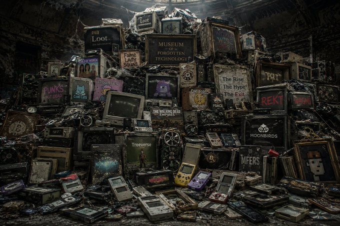 A chaotic pile of obsolete electronics, vintage devices, and art pieces references iconic NFT collections like "PUNKS," "Moonbirds," "BAYC," "Doodles," "Lazy Lions," "Loot," "Treeverse," and "Rekt," surrounding a central plaque labeled "Museum of Forgotten Technology." The post reflects on the hope that today's cutting-edge crypto projects won't end up as relics in such a metaphorical museum of failed innovation.
