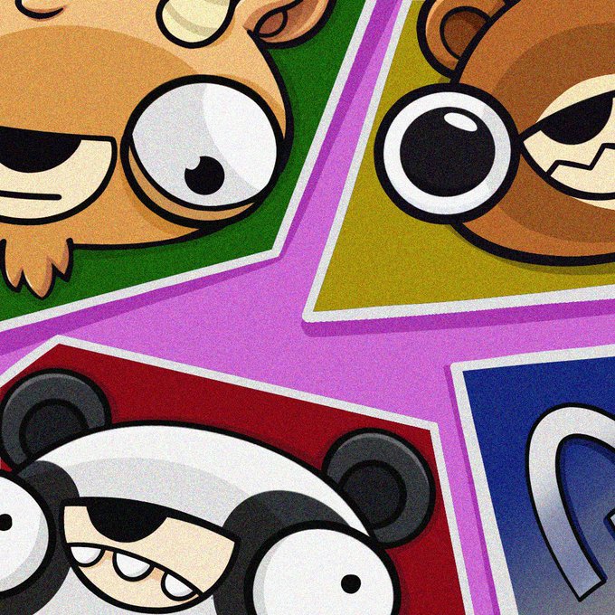 A close-up of stylized cartoon animal NFTs (a cat, monkey, bear, and blue creature) arranged around a purple cross, promoting the ZookLandia NFT giveaway.