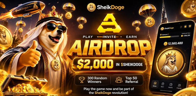 A promotional banner for the SheikDoge ($SHEIKDOGE) airdrop featuring a cartoon dog in royal/sheikh attire giving a thumbs-up alongside a treasure chest of coins, parachuting tokens, and a mobile app interface. The banner advertises a $2,000 prize pool split between 300 random winners and the top 50 referrers, with text reading "PLAY - INVITE - EARN," "AIRDROP $2,000 IN $SHEIKDOGE," and "300 Random Winners / Top 50 Referral."
