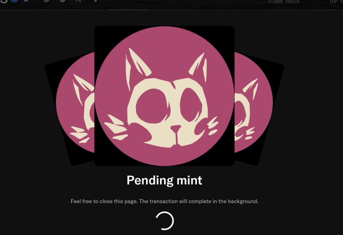 A digital minting screen displays a pink circular logo of a stylized goat face, with the text 'Pending mint' and 'Feel free to close this page. The transaction will complete in the background.'