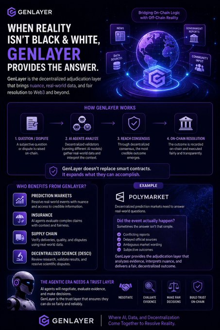 An infographic for GenLayer explaining its decentralized adjudication layer bridging on-chain logic with off-chain reality, featuring use cases for prediction markets, insurance, supply chain, and DESCI, with Polymarket as an example.