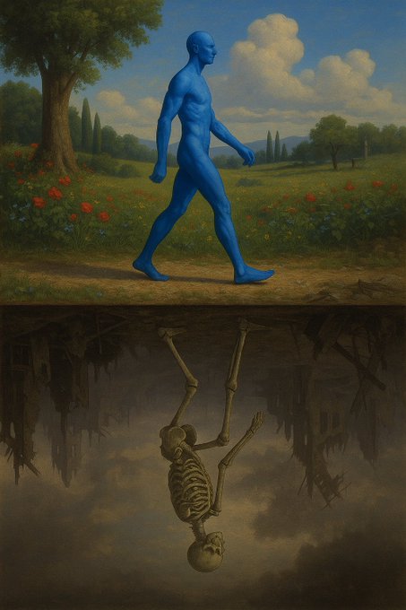A surreal painting depicting a blue-skinned humanoid figure walking across a landscape, with its skeletal reflection shown upside-down in the water below.