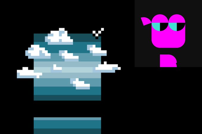 A pixel art image featuring a magenta, bug-like character with teal eyes on the right and a stack of pixelated clouds against a dark blue sky on the left, set against a black background. The whimsical digital artwork complements the NFT post, which announces the acquisition of "Scapepe, Set 024, Ed. 10" for 0.1069959 ETH and notes 55 days and 15 hours of node uptime.