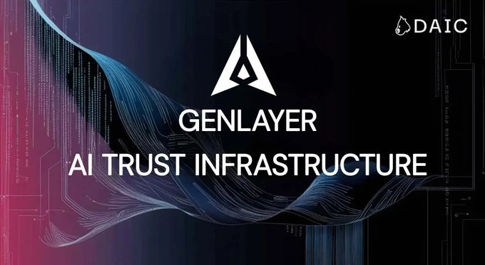 The image is a promotional graphic featuring the GenLayer logo and tagline "AI TRUST INFRASTRUCTURE" against a dark, digital wave background with the DAIC watermark in the corner, visually reinforcing the post's message about GenLayer providing reliable, AI-powered trust solutions for blockchain systems that would otherwise lack accountability—aligning with the author's point about needing someone (or something) to "fix it when it breaks."
