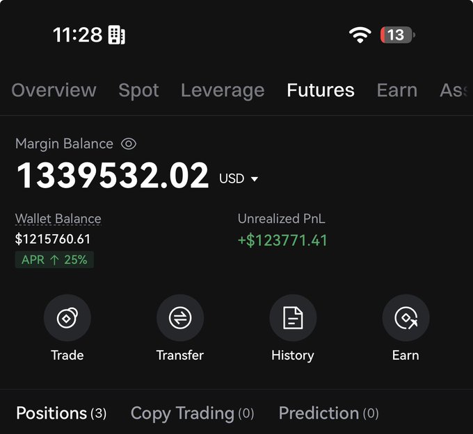 A screenshot of a cryptocurrency futures trading account showing a Margin Balance of $1,339,532.02 USD, with a Wallet Balance of $1,215,760.61 and Unrealized PnL of +$123,771.41. The image appears to be shared to lend credibility to the post's claim of being able to send cryptocurrency to 50 people, though it's easily fabricated or borrowed material commonly used in giveaway scams.