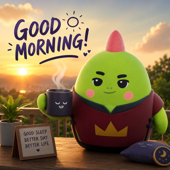 A cute green cartoon mascot wearing a red shirt holds a steaming mug on a balcony at sunrise, with a 'GOOD MORNING!' sign and a note reading 'GOOD SLEEP, BETTER DAY, BETTER LIFE.'