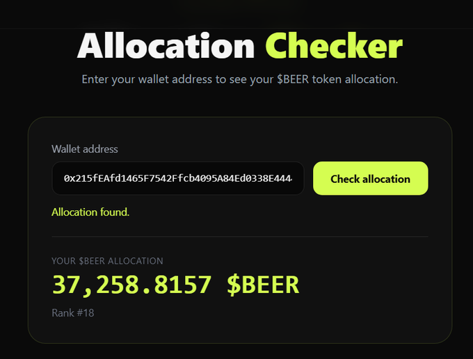 The image shows an "Allocation Checker" tool displaying that the wallet address "0x215FEAfd1465F7542Ffcb4095A84Ed0338E4444" successfully received an allocation of 37,258.8157 $BEER tokens (Rank #18), with "Allocation found" indicated in green text.