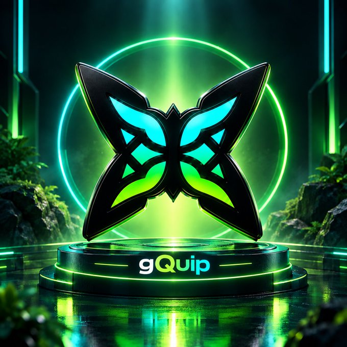 A glowing neon green butterfly logo displayed on a futuristic pedestal with the text 'gQuip' beneath it, set against a dark, atmospheric background.