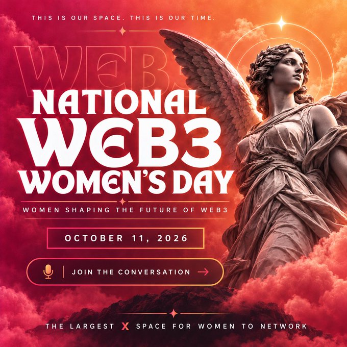 A promotional poster for 'National Web3 Women's Day' on October 11, 2026, features an angel statue against a red cloudy sky with the tagline 'Women Shaping the Future of Web3'.