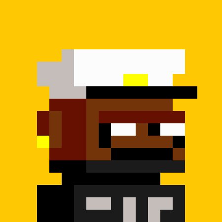 A pixel art character resembling a chef in a white hat with an orange band, set against a yellow background.