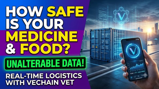 Promotional graphic titled 'How Safe is Your Medicine & Food?' promoting 'Unalterable Data!' and 'Real-Time Logistics with VeChain VET', showing a shipping container and smartphone with VET branding.