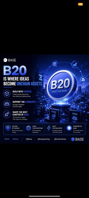 A promotional graphic for BASE 'B20' featuring the text 'IS WHERE IDEAS BECOME ONCHAIN ASSETS' with sections like 'BUILD WITH PURPOSE', 'SUPPORT THE COMMUNITY', and 'SHARE THE NEXT CHAPTER OF BASE' alongside social media handles.
