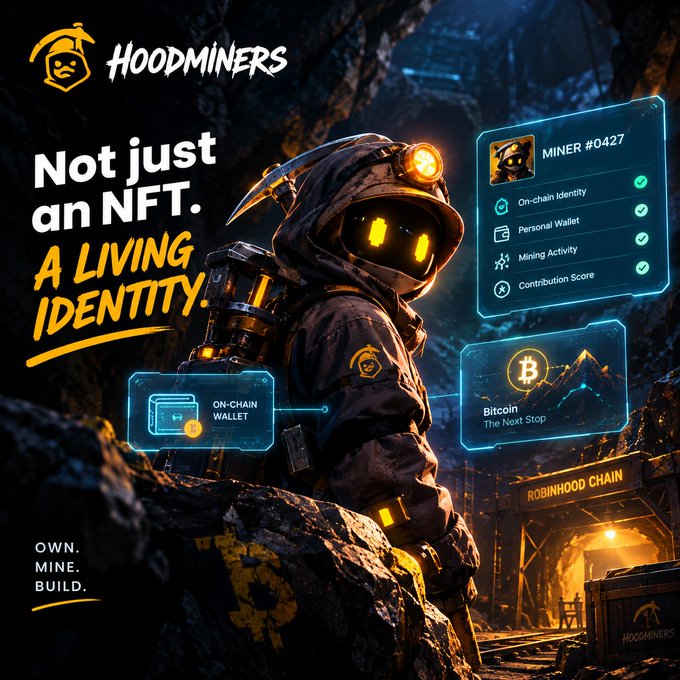 Promotional artwork for 'HOODMINERS' featuring a hooded miner character with an on-chain wallet and mining interface.