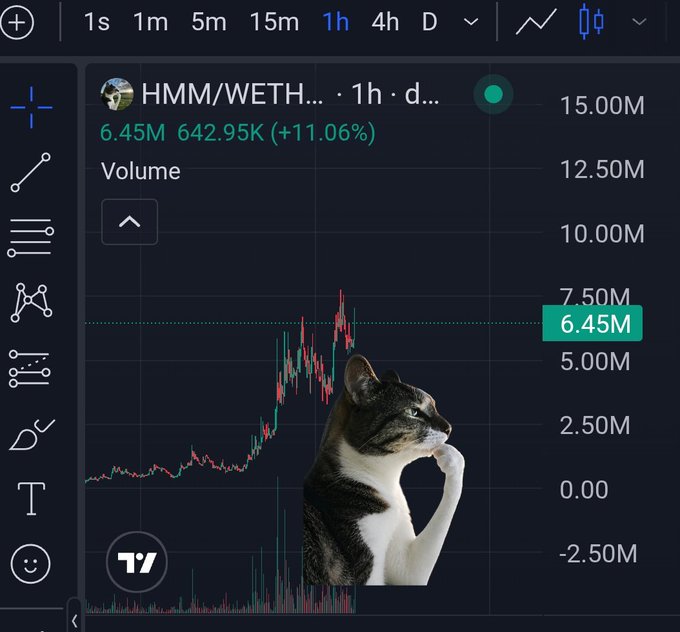 Trading chart for HMM/WETH showing volume of 6.45M with a +11.06% change, featuring a meme cat image overlaid on the price action.