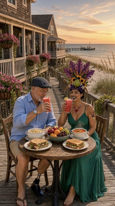 An older man in a blue shirt and flat cap toasts with a red cocktail alongside a woman in a green dress and an elaborate purple headdress at a sunset beachside table set with sandwiches and fruit.