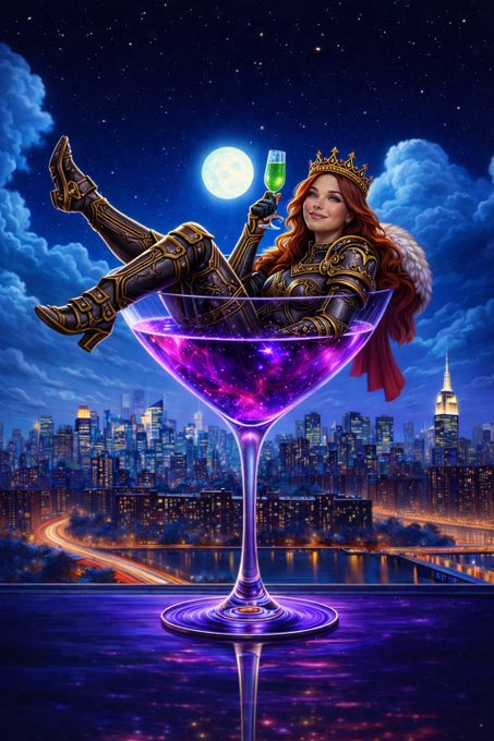A fantasy digital illustration of a crowned, armored female warrior with long red hair lounging inside a giant glowing purple martini glass filled with galaxies, holding a champagne glass against a night sky over a city skyline.