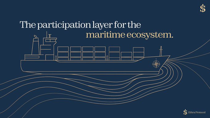 A dark blue graphic with gold line art depicting a cargo ship, titled 'The participation layer for the maritime ecosystem.' The logo 'S$ Sifra Protocol' appears in the corners.