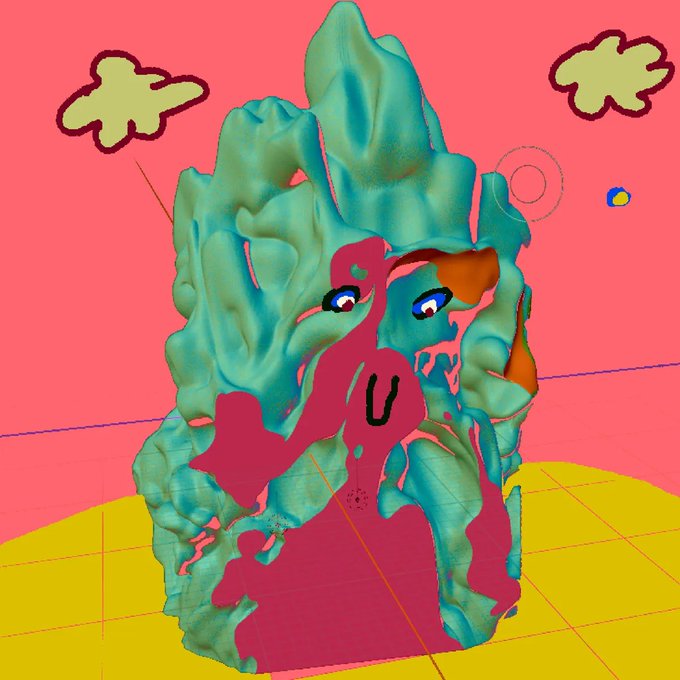 A surreal 3D-rendered sculpture of a melting head with pink liquid oozing from it, set against a pink background with a green cloud and yellow grid floor.