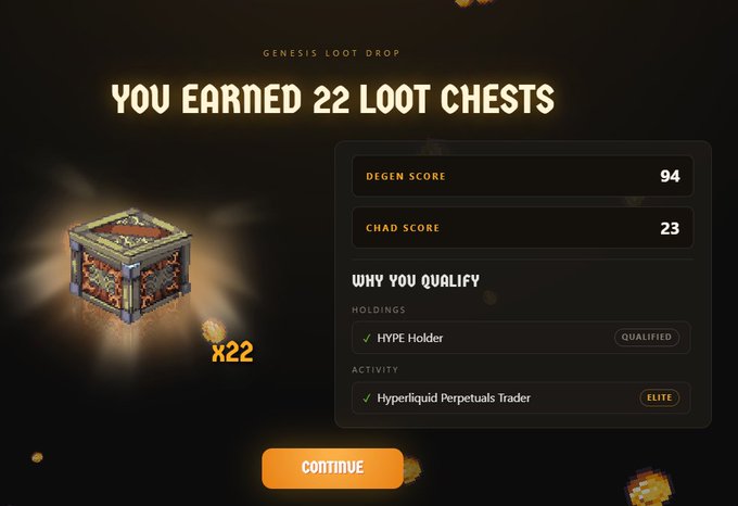 A 'GENESIS LOOT DROP' screen announcing 'YOU EARNED 22 LOOT CHESTS' with a Degen Score of 94 and Chad Score of 23, showing qualification as a HYPE Holder and Elite Hyperliquid Perpetuals Trader.