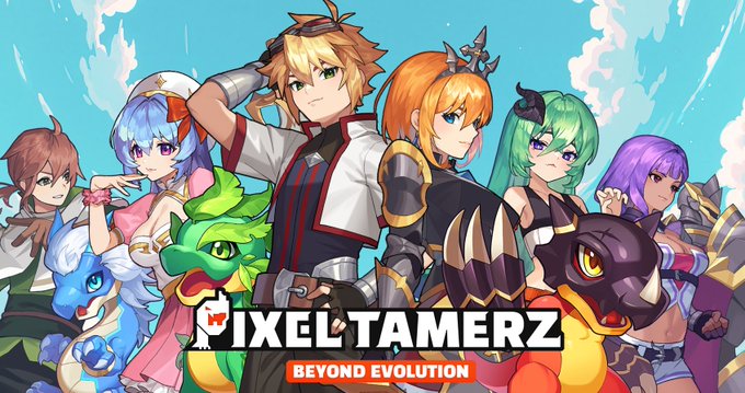 Promotional artwork for the mobile game 'PIXEL TAMERZ: BEYOND EVOLUTION' featuring anime-style characters and dragon-like creatures.