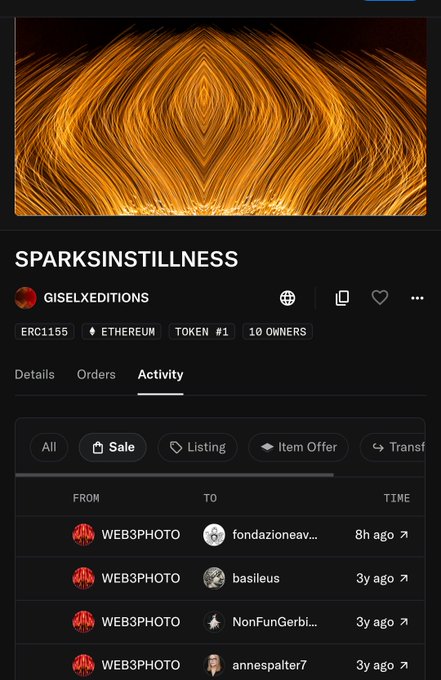 Screenshot of an OpenSea NFT listing page for "SPARKINSTILLNESS" by GISELXEDITIONS on Ethereum (contract ERC1155), showing token #1 with 10 owners and a list of recent sale activity including transactions from WEB3PHOTO to fondazioneav..., basileus, NonFunGerbi..., and annespalter7.