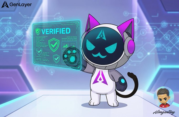 Cartoon mascot for GenLayer featuring a white-suited cat character with a digital face displaying its logo, holding a glowing 'VERIFIED' holographic panel in a futuristic purple setting, signed 'AlonzonTony' in the corner.