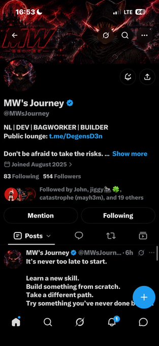 A mobile screenshot of an X (formerly Twitter) profile for 'MW's Journey' (@MWsJourn...) with 83 Following and 514 Followers, describing the user as 'NL | DEV | BAGWORKER | BUILDER'.