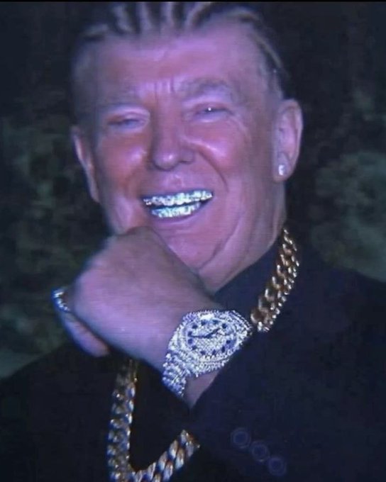 A man with bleached blonde hair, wearing diamond-encrusted grills, a diamond-studded watch, and a thick gold chain, flashes his jewelry with a smug grin. The image, likely depicting a flashy crypto influencer, visually mocks the post's claim that Trump's $TRUMP coin launch was a $1.4 billion extraction scheme that marked the market top.