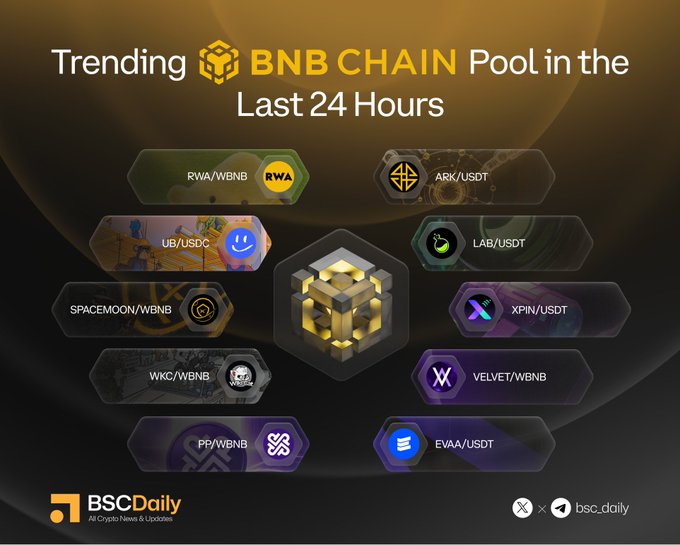 The image features a poster for BNB Chain Pool, which has been updated with new content. The poster displays various logos and icons related to Bitcoin and cryptocurrency, such as a cube symbolizing the blockchain technology used by Bitcoin. Additionally, there are several other logos representing different cryptocurrencies or tokens. The text on the poster indicates that the pool is currently open for 24 hours and mentions some of the participating cryptocurrencies like Bitcoin, Ripple, and Etherium.