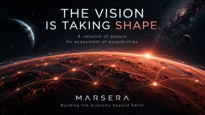 A promotional banner for MARSERA reading "THE VISION IS TAKING SHAPE" and "Building the economy beyond Earth," depicting a red planet resembling Mars with glowing interconnected nodes.