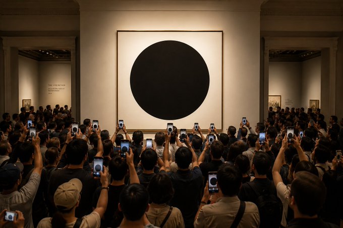 A crowd of people photograph with their phones a large minimalist artwork featuring a solid black circle on a white background, displayed in a museum gallery.