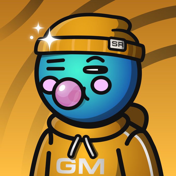 A cute blue cartoon character wearing a yellow beanie with an "SF" patch and a hoodie labeled "GM" blows a pink bubblegum bubble, with sparkles around its head against an orange background—visually embodying the casual "GM" (good morning) crypto/NFT culture and serving as an inviting mascot for the SpaceRidersXYZ NFT collection.
